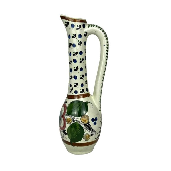 Mexican Folk Art Pottery Hand-Painted Thin Tall Vase Pitcher Floral 11-1/2" - Picture 1 of 8